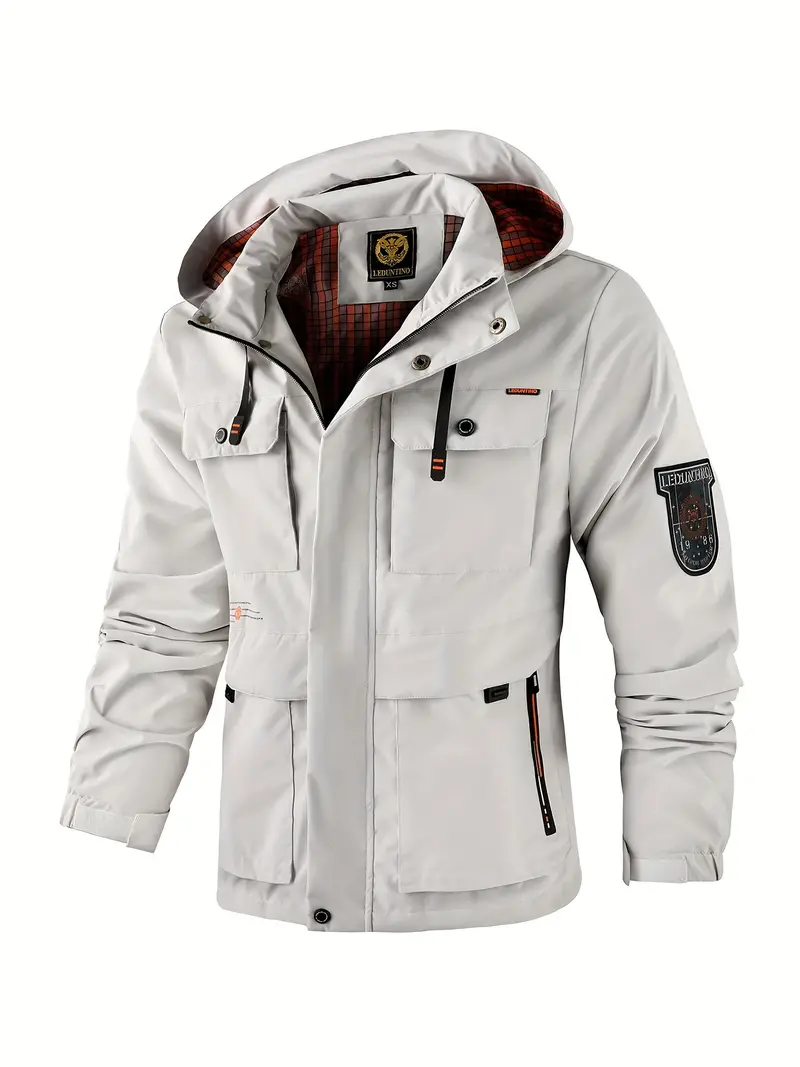 Men's Polyester Hooded Stand Collar Coat With Multi Pockets